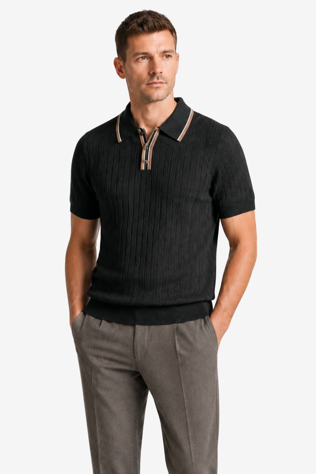 NOMU | Men’s Contrast Trim Ribbed Knit Polo Shirt