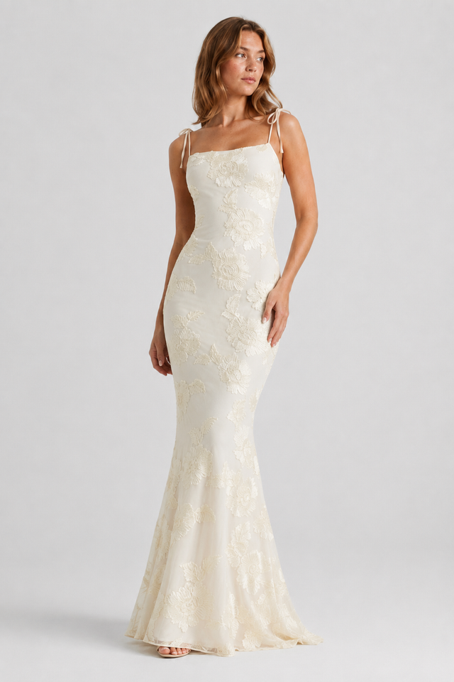 NOMU | Women's Floral Embroidered Bodycon Maxi Dress – Elegant Tie Strap Occasion Dress