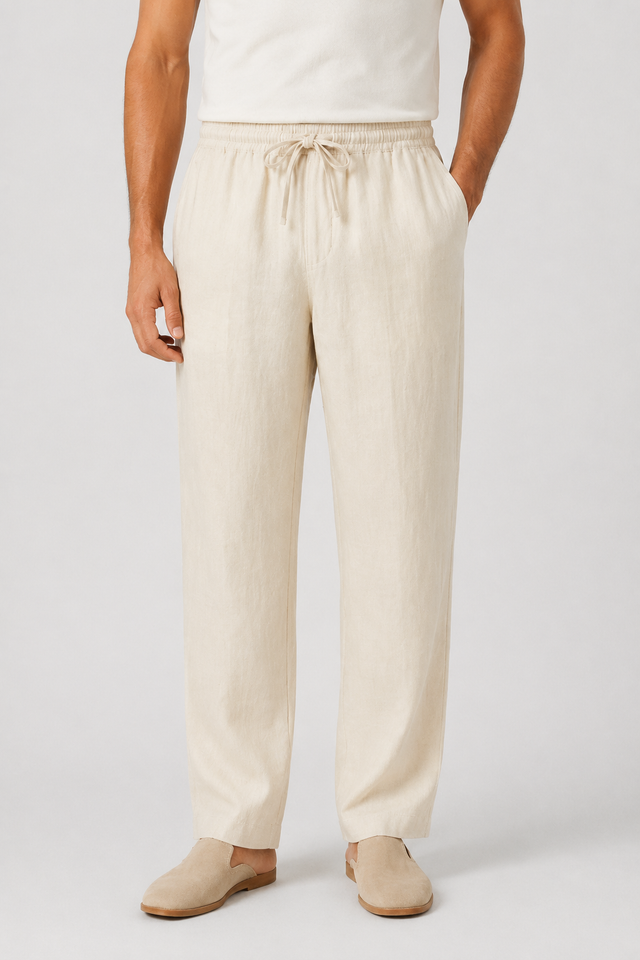 NOMU | Men's Linen Blend Pants – Elastic Drawstring Straight Leg Design
