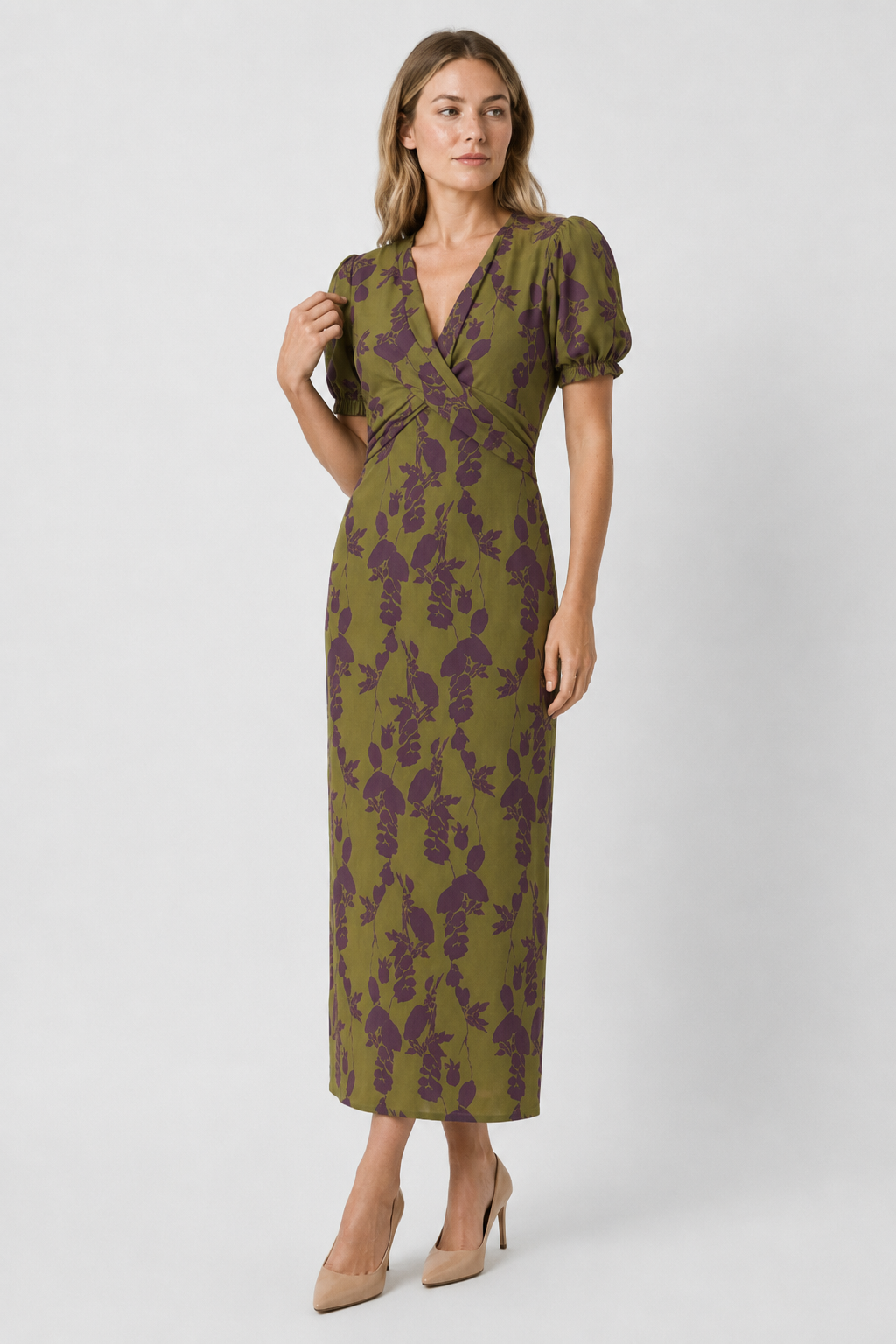 NOMU | Women's Floral Puff Sleeve Midi Dress – Elegant Wrap Waist Evening Dress