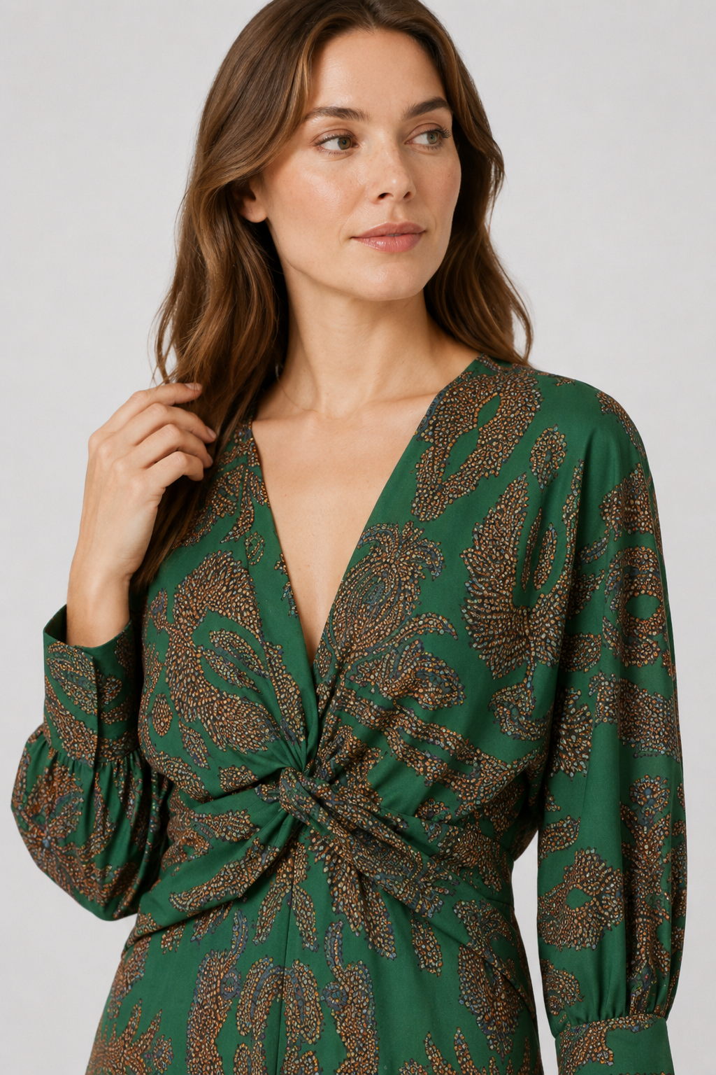 NOMU | Women's Vintage Print Twist Front Midi Dress – Elegant Long Sleeve V-Neck Dress