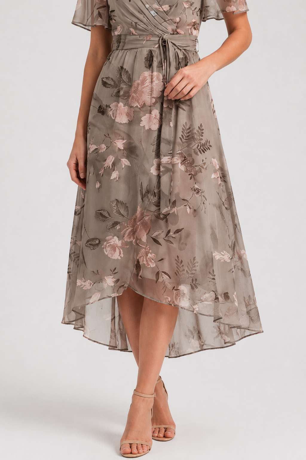 NOMU | Women's Floral Midi Dress – V Neck Flutter Sleeve Tie Waist Wrap Design