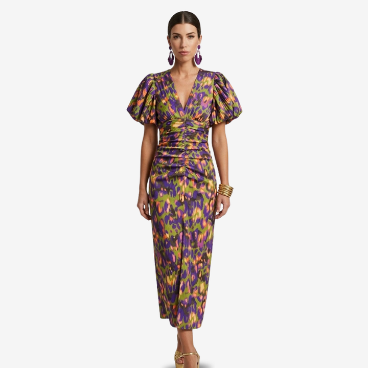 NOMU | Women's Abstract Print Ruched Midi Dress – Elegant Puff Sleeve Bodycon Dress