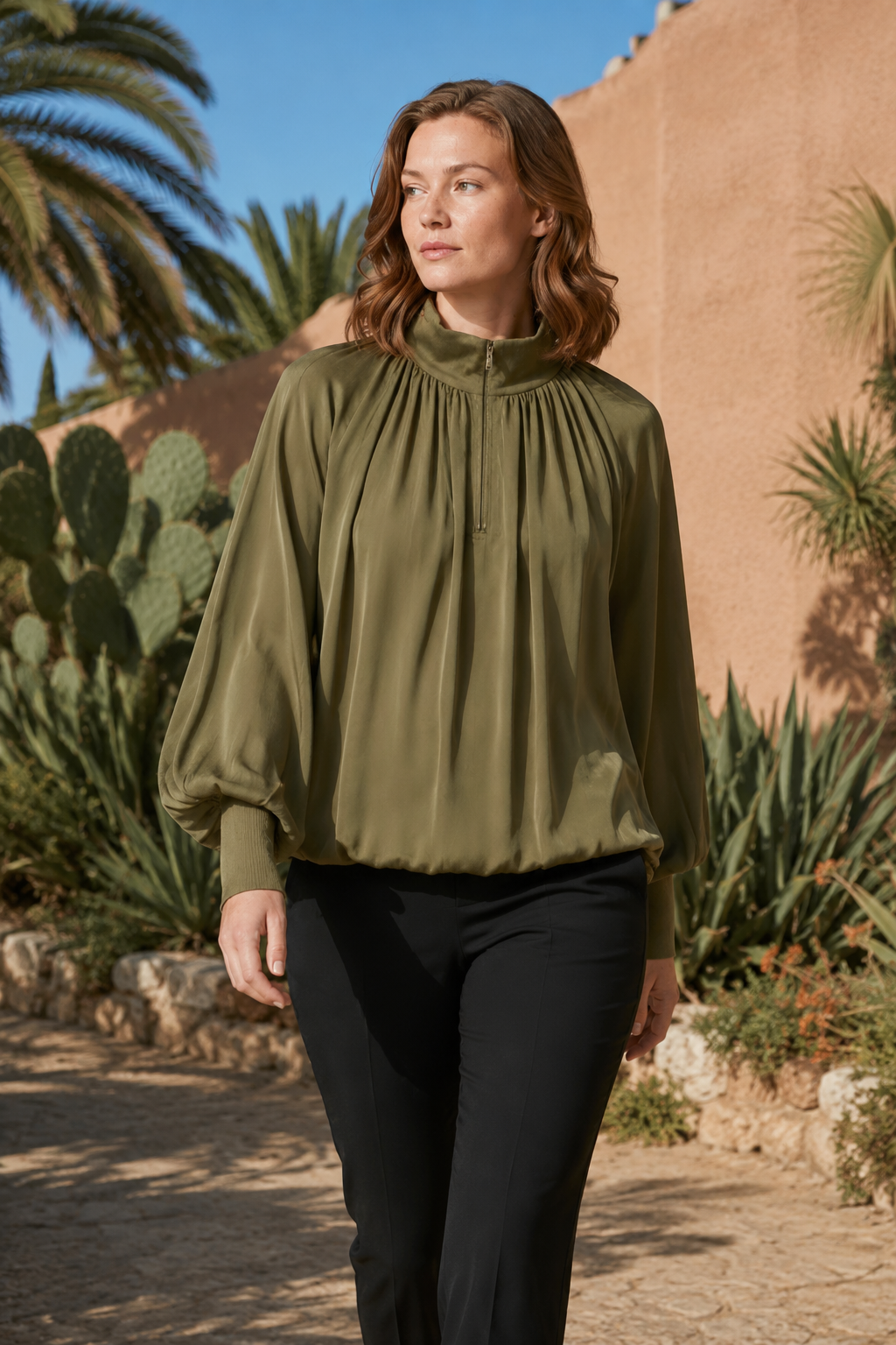 NOMU | Women's Gathered High Neck Blouse – Elegant Balloon Sleeve Top