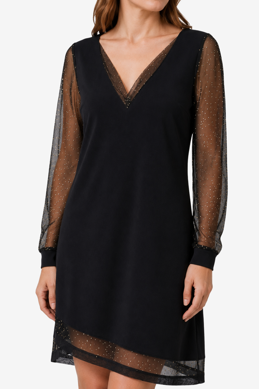 NOMU | Women's Glitter Mesh Sleeve Mini Dress – Elegant Long Sleeve V-Neck Party Dress