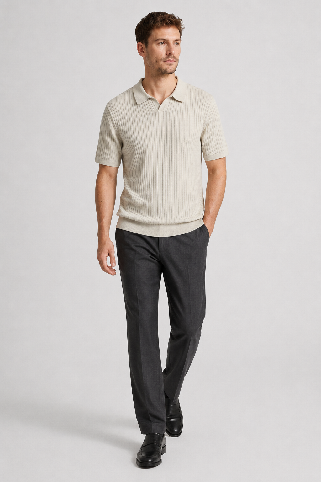 NOMU | Men's Ribbed Knit Polo Shirt – Minimalist Smart Casual Short Sleeve Top