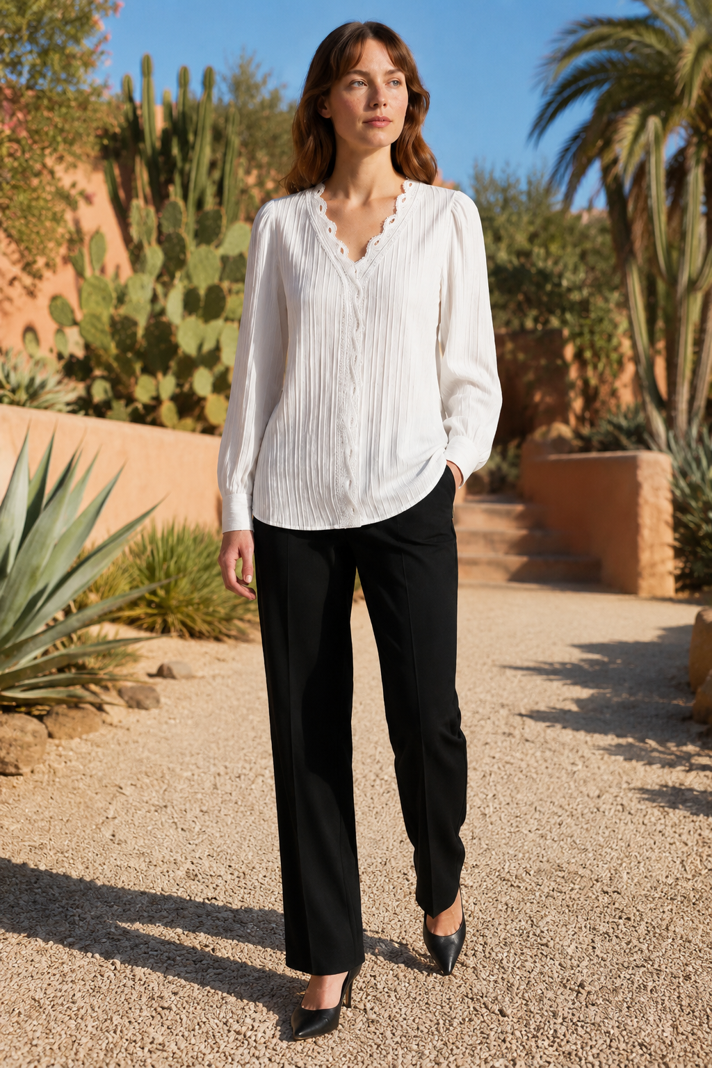 NOMU | Women's Lace Trim Pleated Blouse – Elegant V-Neck Long Sleeve Top