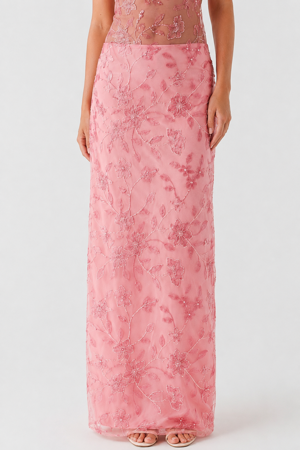 NOMU | Women's Embroidered Maxi Dress – Sleeveless Mesh Cut-Out Bodycon Design