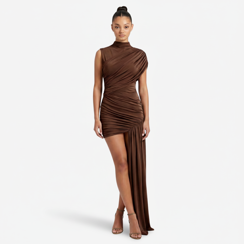 NOMU | Women's Asymmetrical Mini Dress – High Neck Sleeveless Draped Design