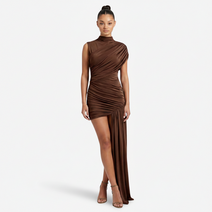 NOMU | Women's Asymmetrical Mini Dress – High Neck Sleeveless Draped Design