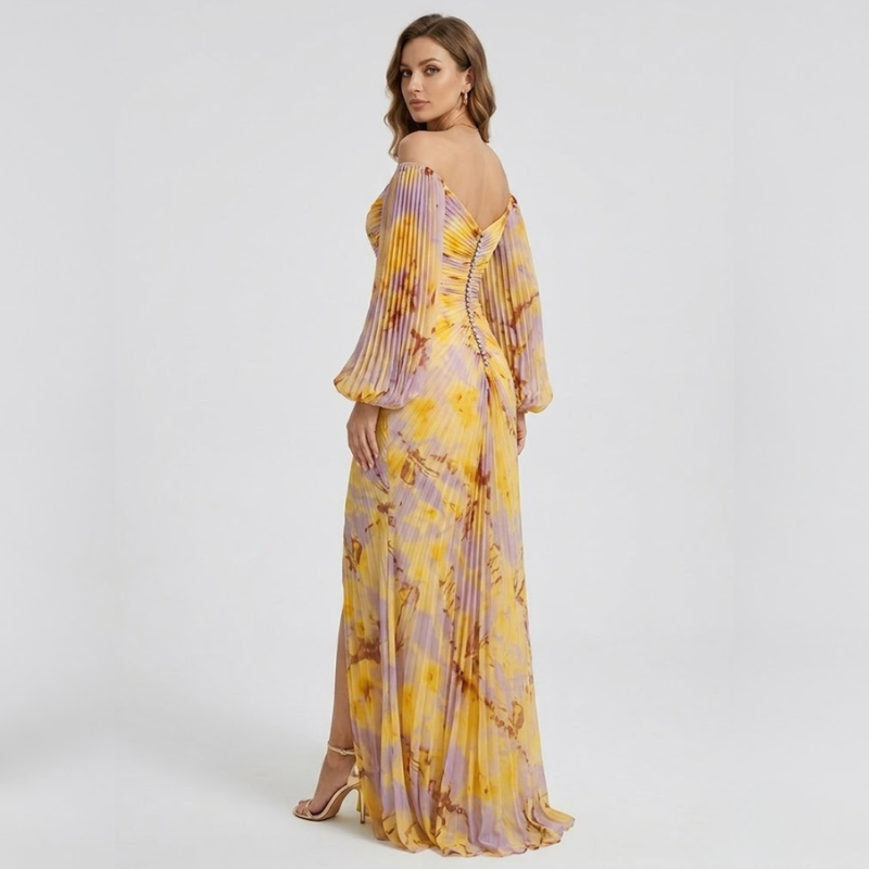 NOMU | Women's Off Shoulder Maxi Dress – Ruched Long Sleeve Split Hem Design