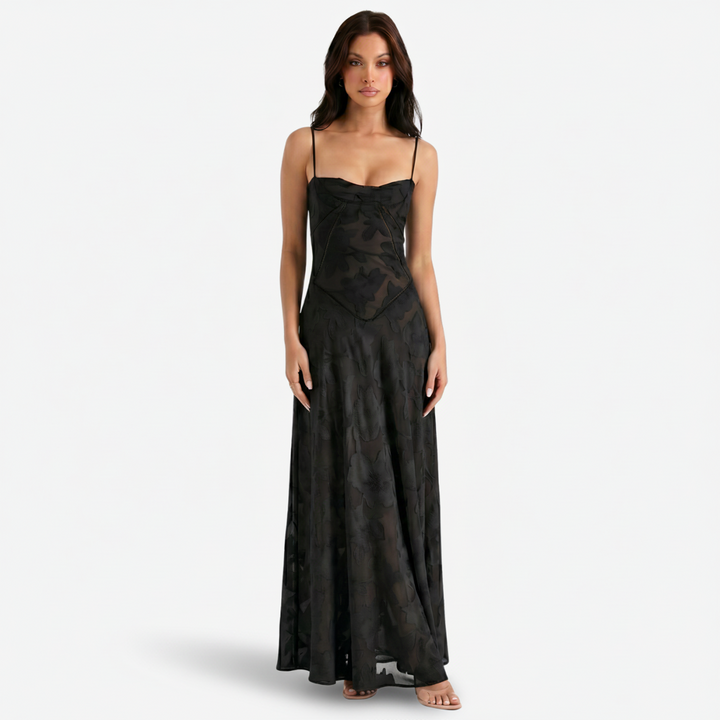 NOMU | Women's Mesh Maxi Dress – Spaghetti Strap Floral Overlay Fitted Design