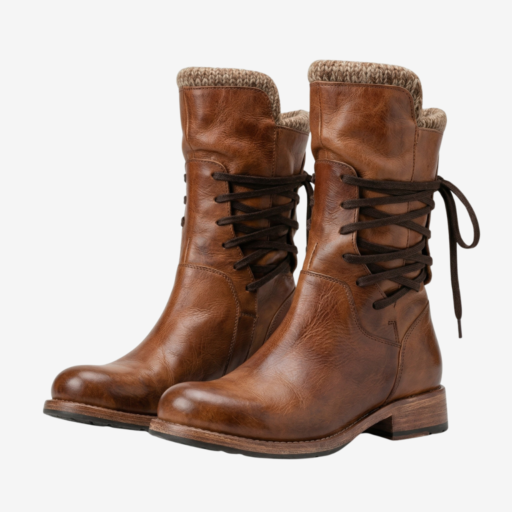 NOMU | Women's Vintage Leather Lace-Up Ankle Boots – Cozy Knit Trim Casual Boots