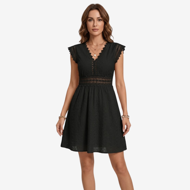NOMU | Women's Lace Trim Eyelet Mini Dress – Elegant Sleeveless Summer Dress