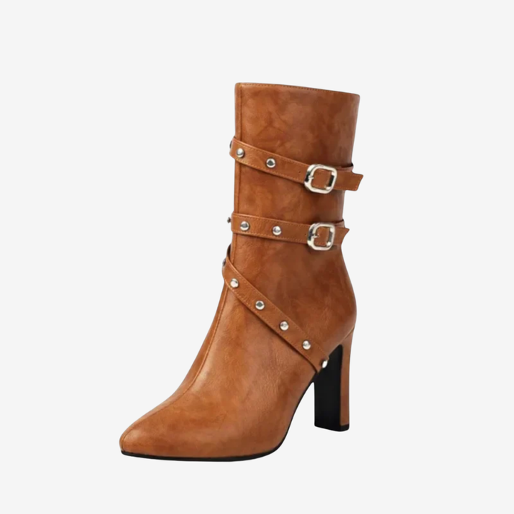 NOMU | Women's Buckled Strap Ankle Boots – Modern Studded Block Heel Boots