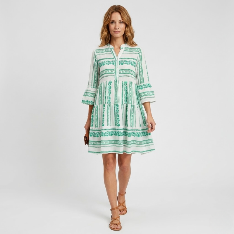 NOMU | Women's Printed Mini Dress – V Neck Button Front Tiered Loose Fit Design
