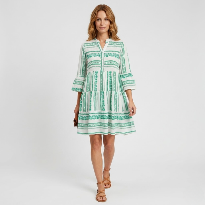 NOMU | Women's Printed Mini Dress – V Neck Button Front Tiered Loose Fit Design