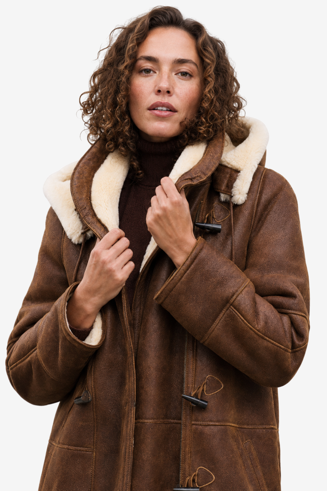 NOMU | Women's Shearling Coat – Hooded Toggle Front Longline Design