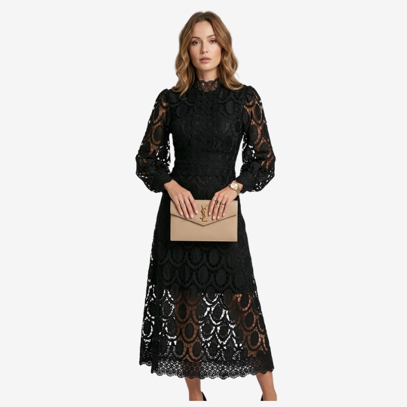 NOMU | Women's Floral Lace Midi Dress – Elegant High Neck Puff Sleeve Party Dress