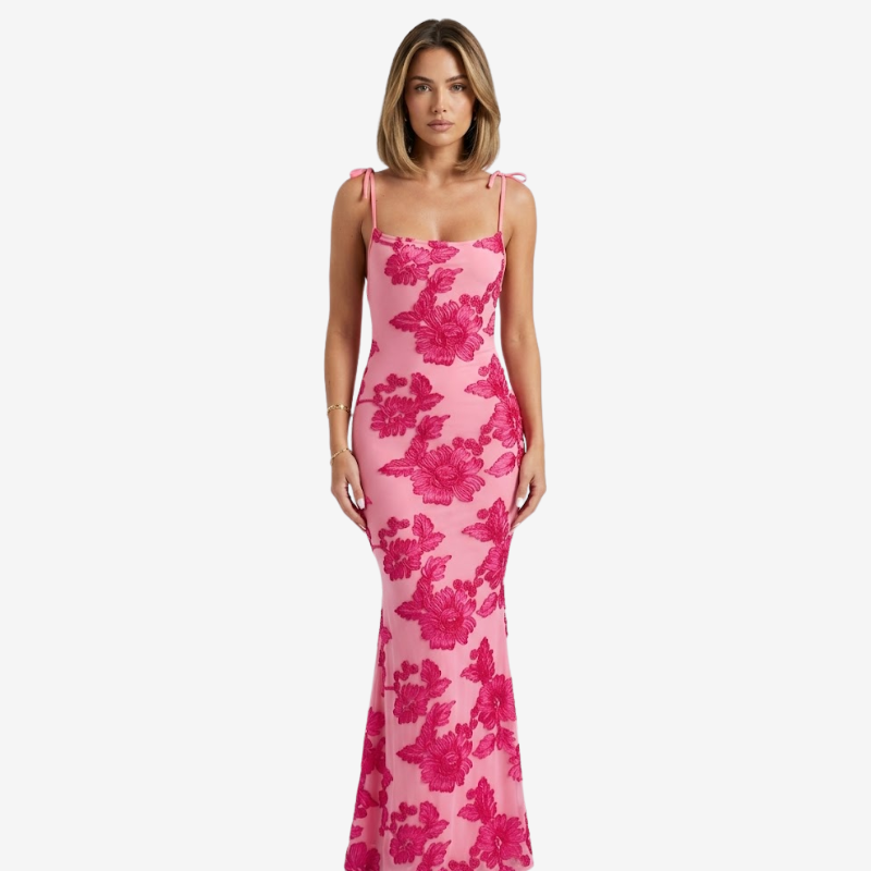 NOMU | Women's Floral Embroidered Bodycon Maxi Dress – Elegant Tie Strap Occasion Dress