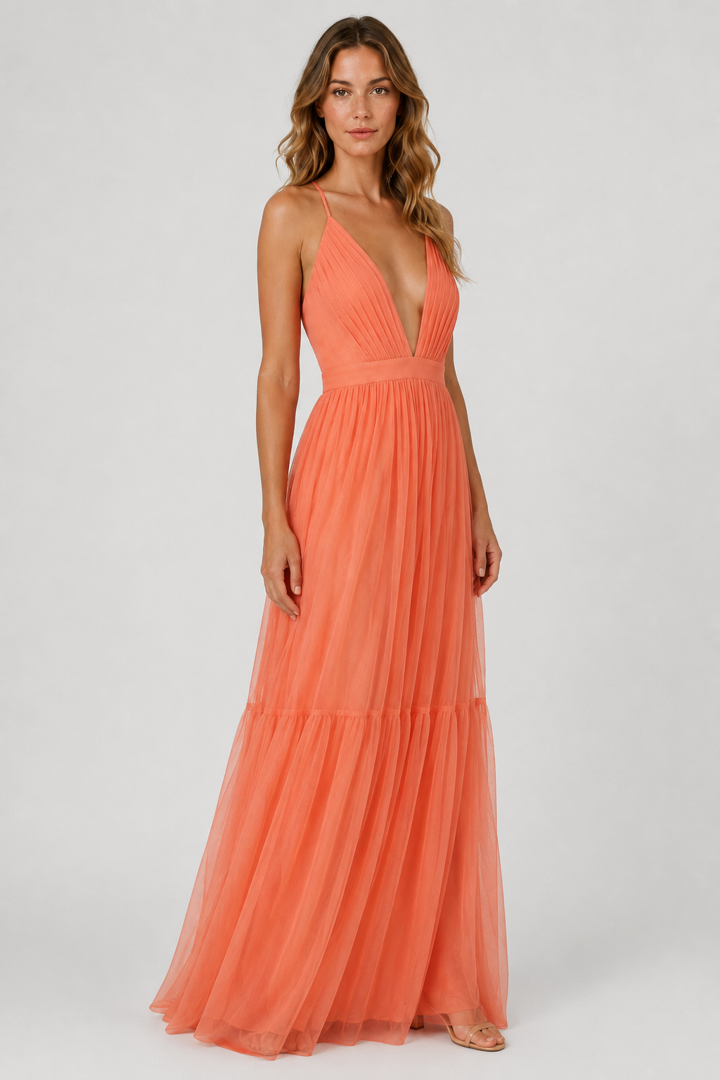 NOMU | Women's Pleated Deep V-Neck Maxi Dress – Elegant Sleeveless Evening Dress
