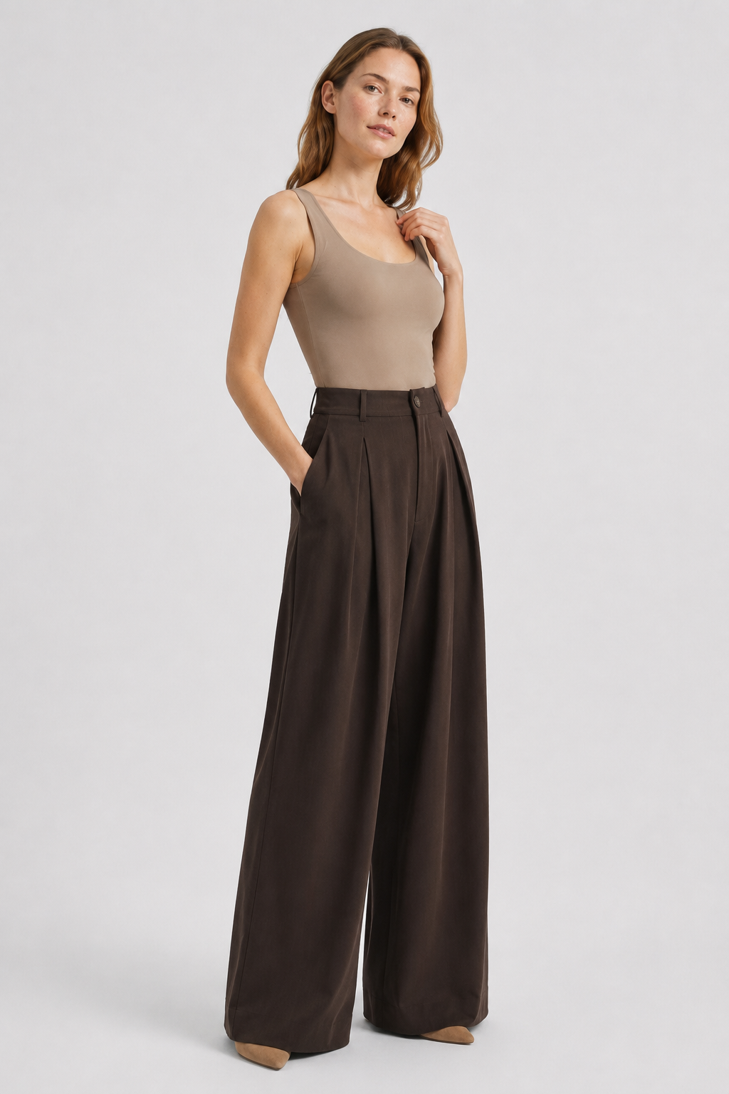 NOMU | Women's High-Waisted Wide Leg Trousers – Elegant Pleated Palazzo Pants