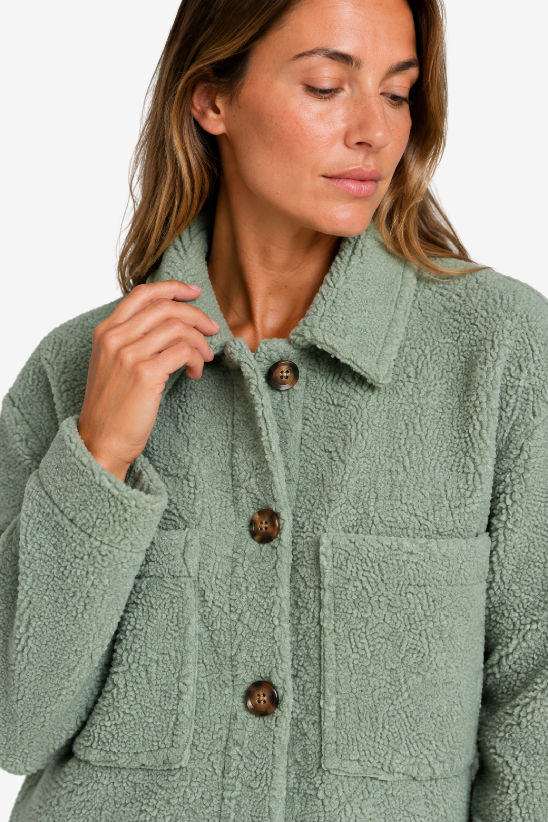 NOMU | Women's Straight Cut Mid Season Coat – Textured Fleece with Button Front and Patch Pockets