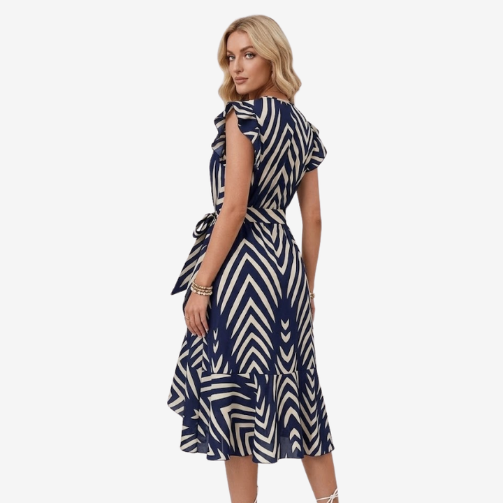 NOMU | Women's Printed High-Low Wrap Dress – Elegant Ruffle Sleeve Midi Dress