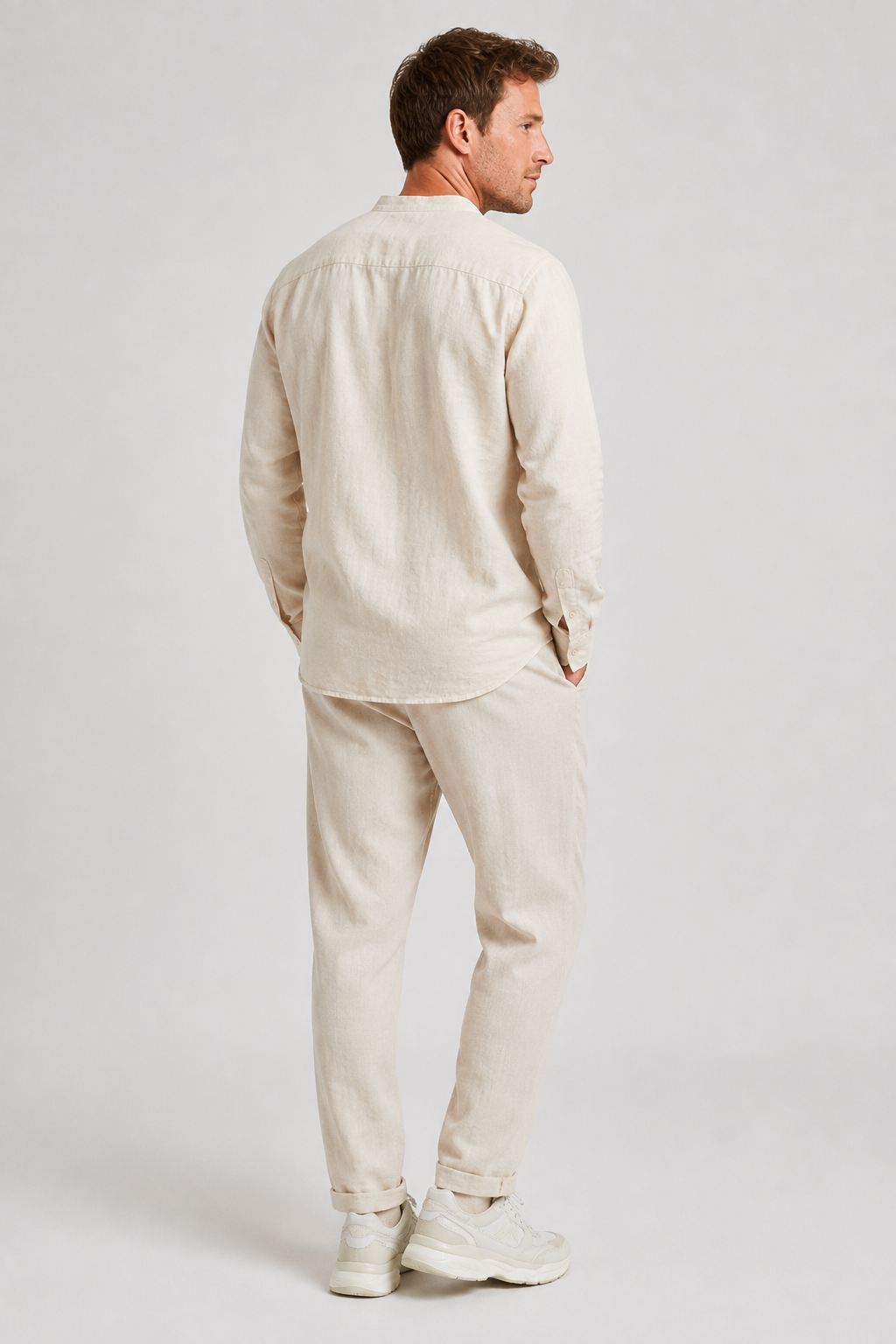 NOMU | Men's Mandarin Collar Linen Button-Down Set – Matching Pants & Drawstring Waist