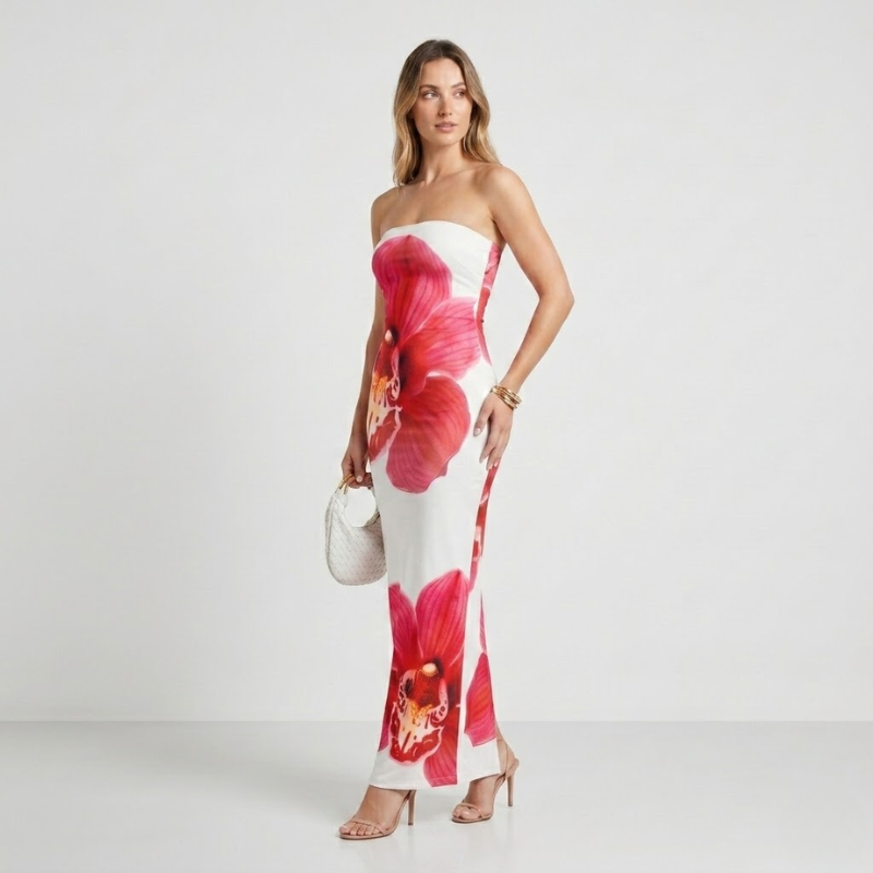 NOMU | Women's Strapless Maxi Dress – Floral Print Bodycon Fitted Design