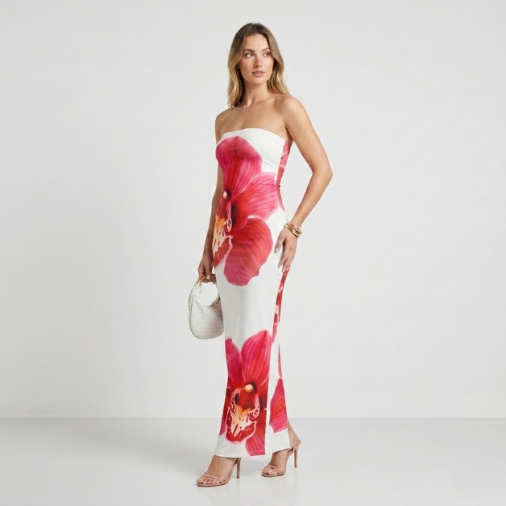 NOMU | Women's Strapless Maxi Dress – Floral Print Bodycon Fitted Design