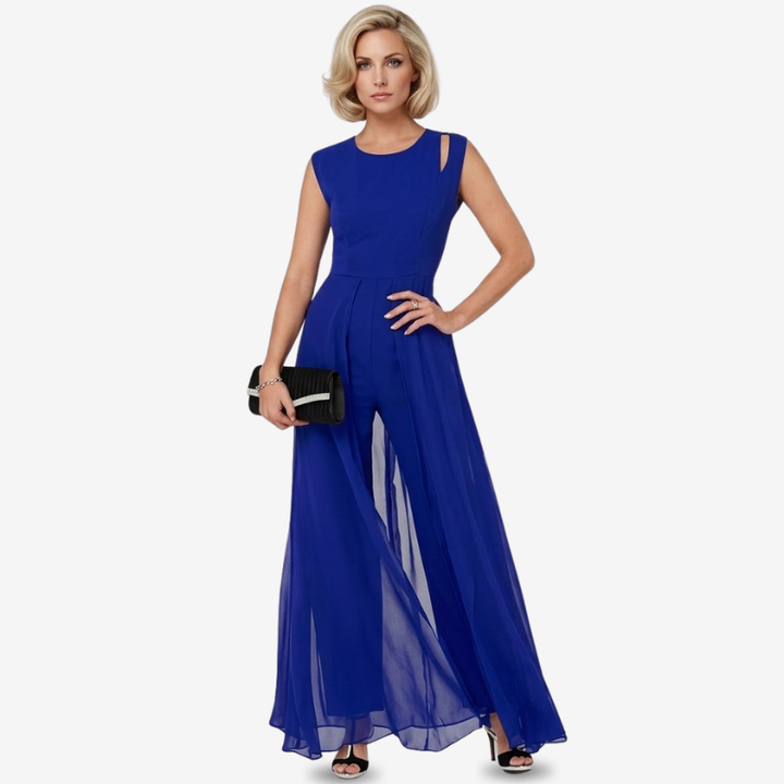NOMU | Women's Sleeveless Wide Leg Jumpsuit – Elegant Sheer Overlay Evening Jumpsuit