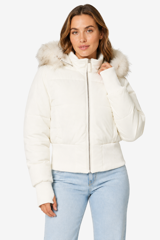 NOMU | Women's Puffer Jacket – Faux Fur Hood Ribbed Trim Zip Up Design