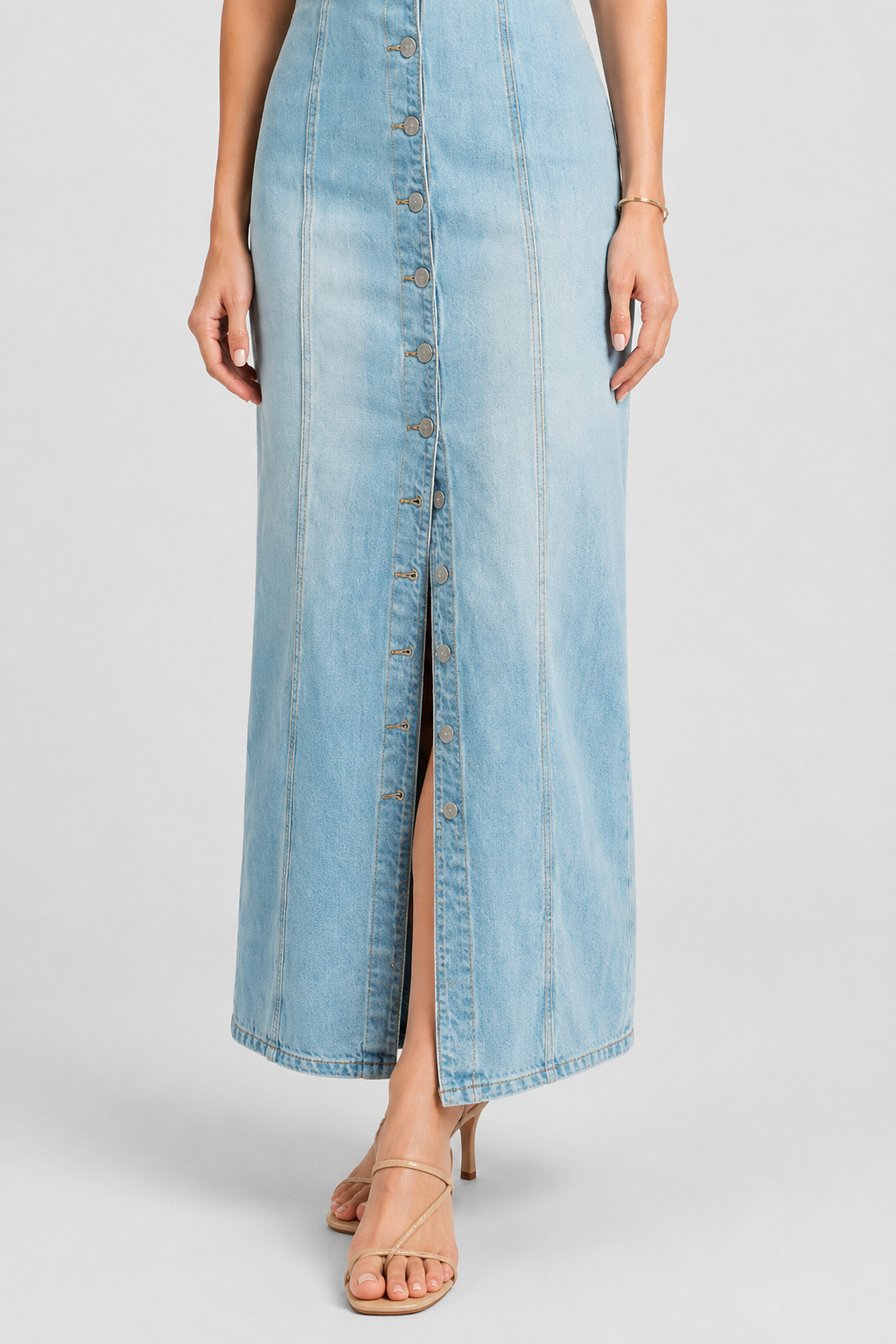 NOMU | Women's Denim Midi Dress – Sleeveless Button Front Fitted Design