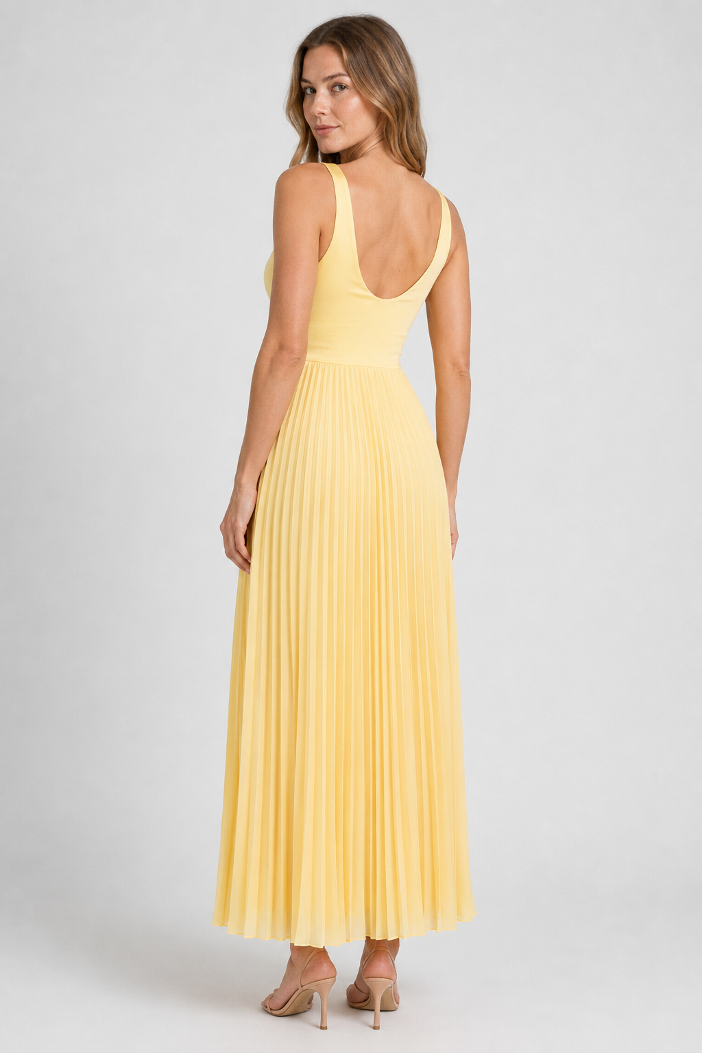 NOMU | Women's Pleated Maxi Dress – Sleeveless V Neck Flowy Design
