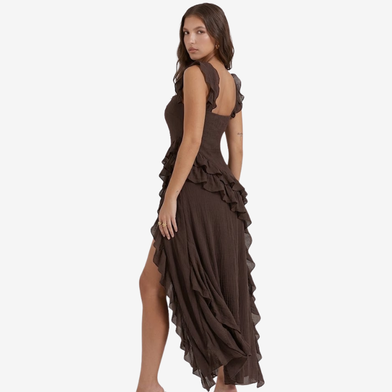 NOMU | Women's Ruffle Trim High Slit Maxi Dress – Elegant Sleeveless Evening Dress