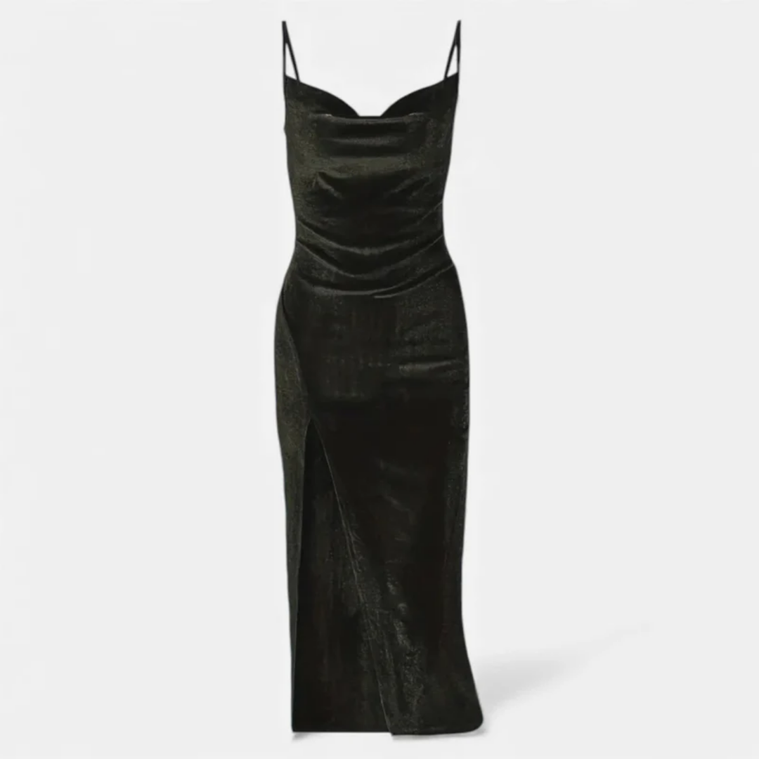 NOMU | Women's Velvet Cowl Neck Midi Dress – Elegant Sleeveless Slit Evening Gown