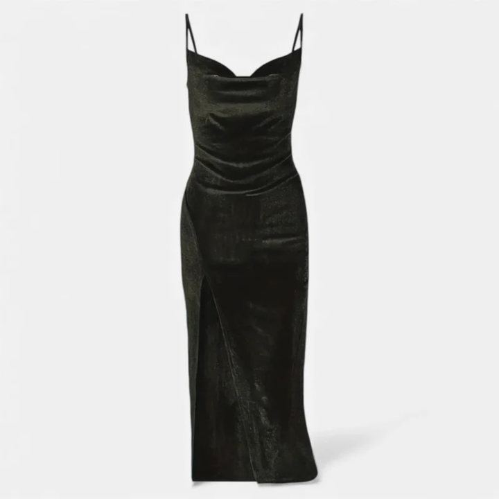 NOMU | Women's Velvet Cowl Neck Midi Dress – Elegant Sleeveless Slit Evening Gown