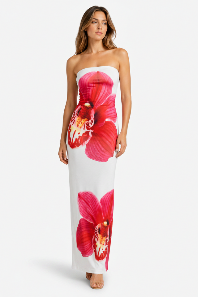NOMU | Women's Strapless Maxi Dress – Floral Print Bodycon Fitted Design