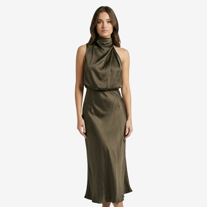 NOMU | Women's Satin High Neck Midi Dress – Elegant Sleeveless Evening Slip Dress