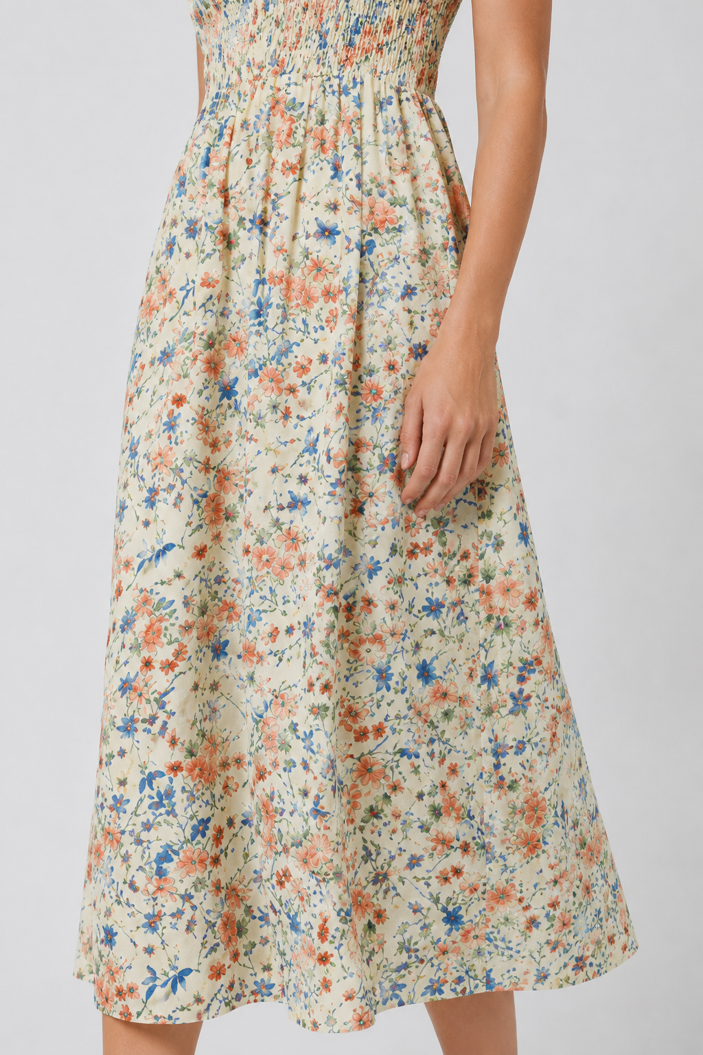 NOMU | Women's Floral Midi Dress – High Neck Flutter Sleeve Smocked Waist Design