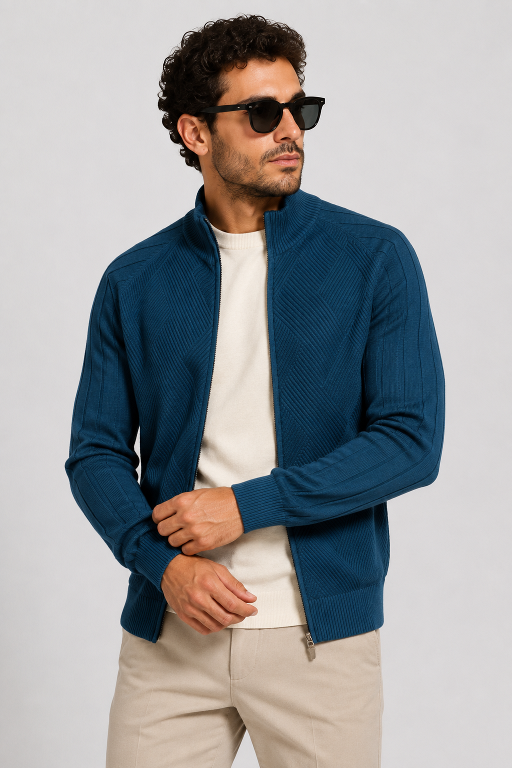 NOMU | Men's Zip-Up Knit Sweater Jacket – Textured Stand Collar Cardigan