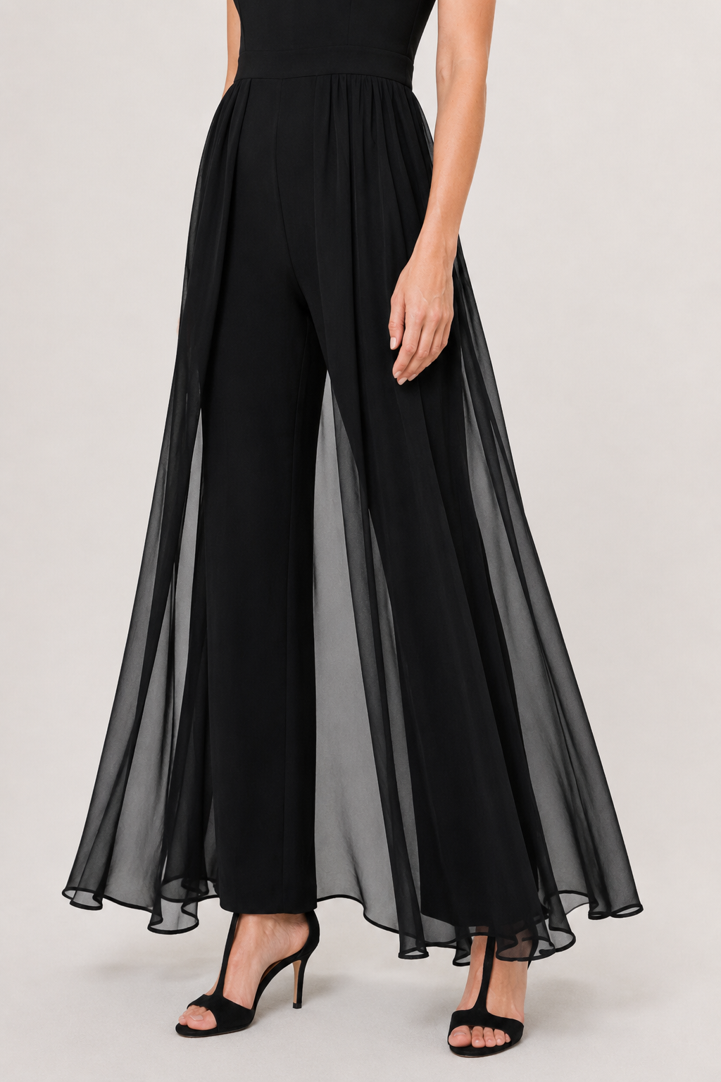 NOMU | Women's Sleeveless Wide Leg Jumpsuit – Elegant Sheer Overlay Evening Jumpsuit