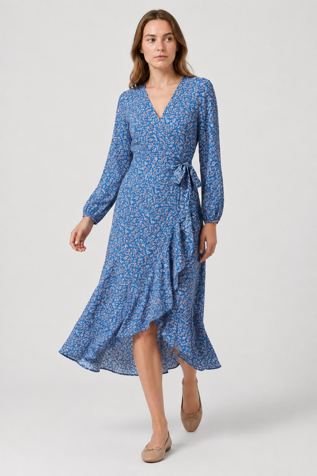 NOMU | Women's Floral Wrap Midi Dress – Long Sleeve Tie Waist Ruffle Hem Design