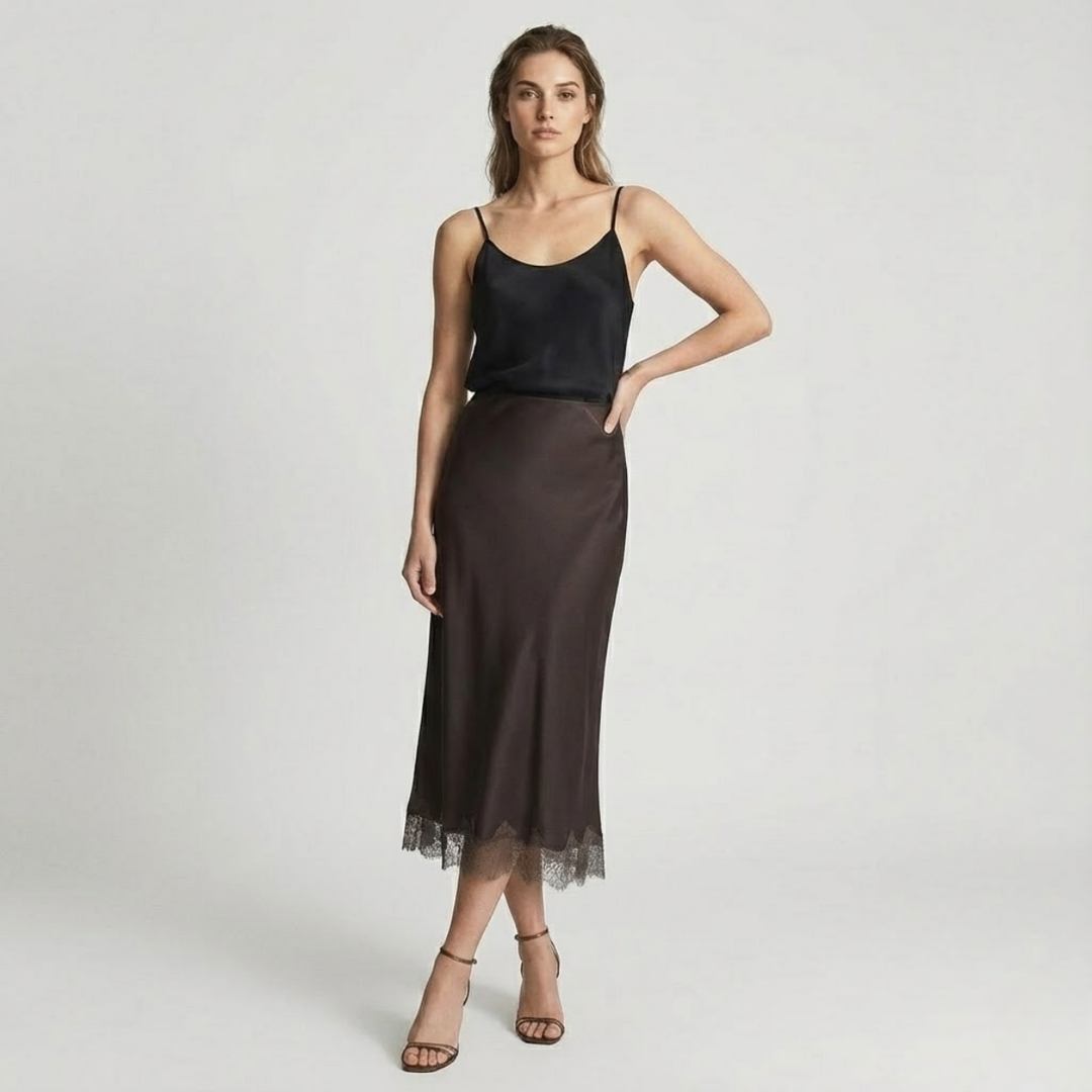 NOMU | Women's Satin Midi Skirt – Elegant Lace Trim Slip Skirt