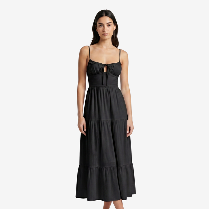 NOMU | Women's Tiered Midi Dress – Spaghetti Strap Tie Front Relaxed Fit Design