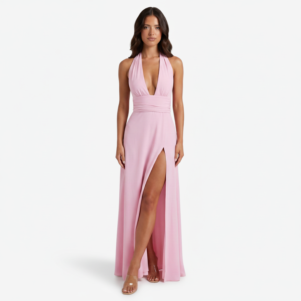 NOMU | Women's Halter Maxi Dress – Deep V Neck Side Slit Fitted Design