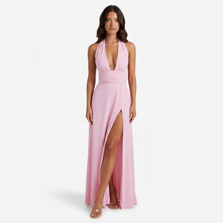 NOMU | Women's Halter Maxi Dress – Deep V Neck Side Slit Fitted Design