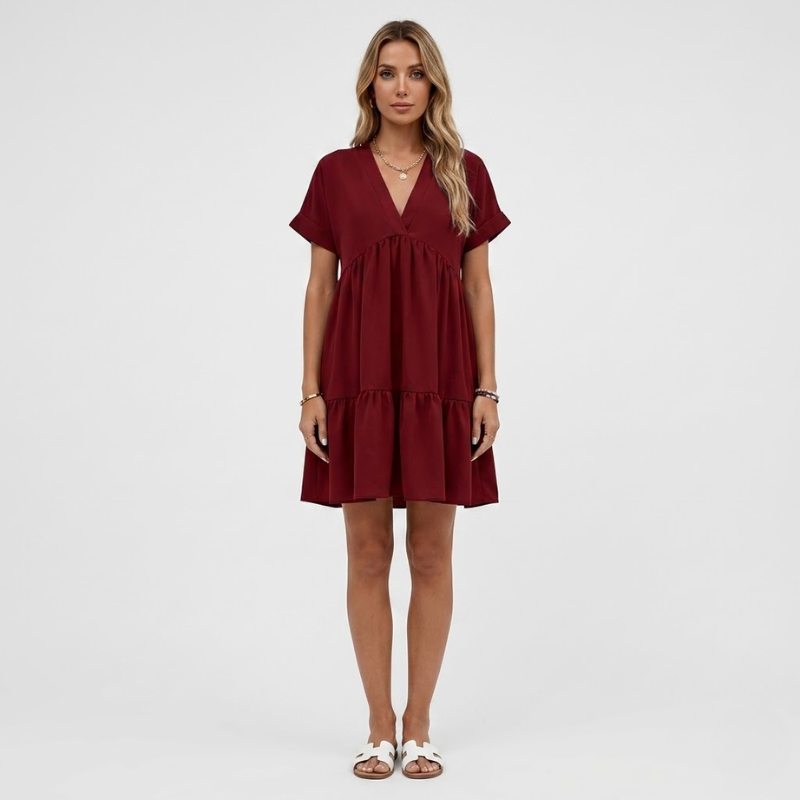 NOMU | Women's Tiered Mini Dress – V Neck Short Sleeve Loose Fit Design
