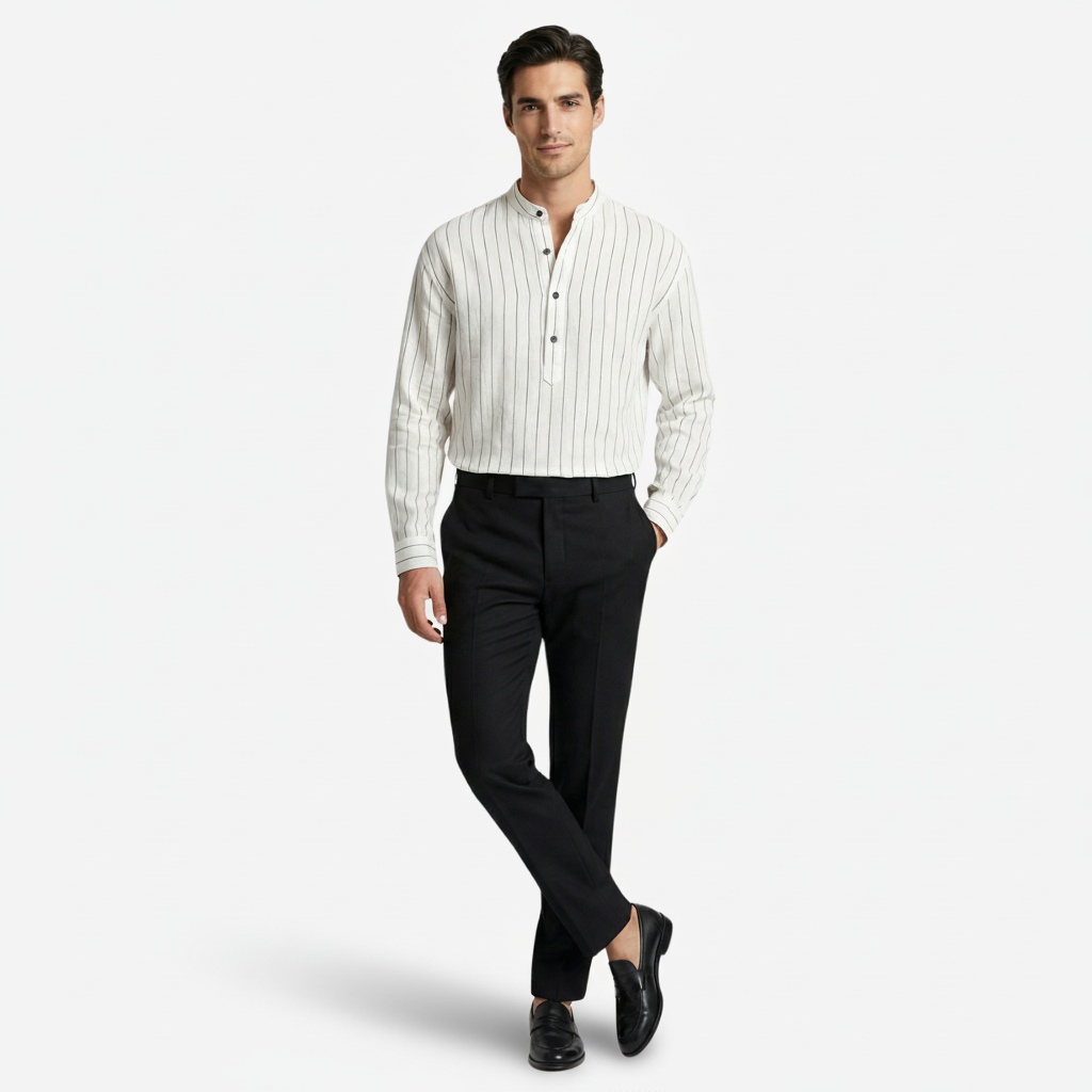 NOMU | Men's Striped Mandarin Collar Shirt – Long Sleeve Smart Casual Design